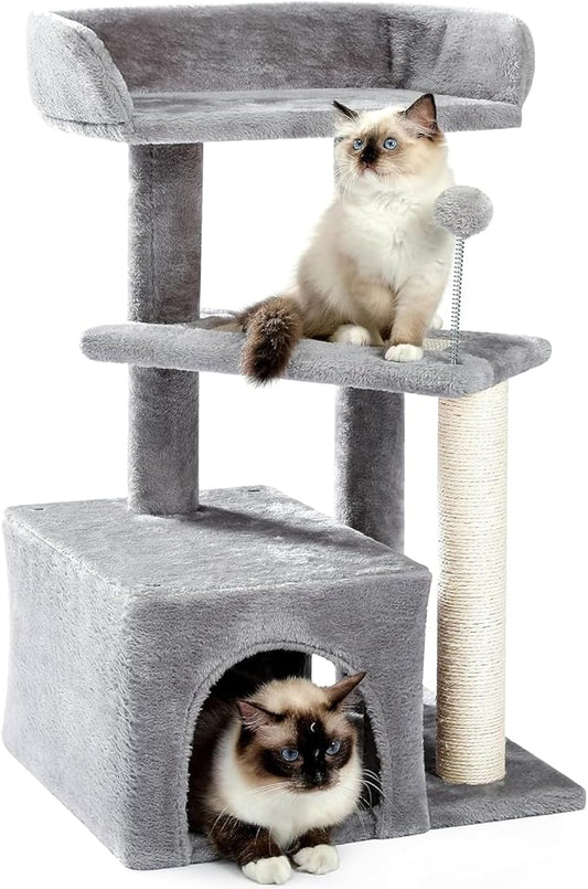 Made4Pets Cat Tree, Carpet Cat Tower Grey for Indoors Cats, Cute Wood Kitty Condo with Scratching Post and Pad, 29" Multi-Level Modern Activity Climbing Furniture for Small and Medium Cats