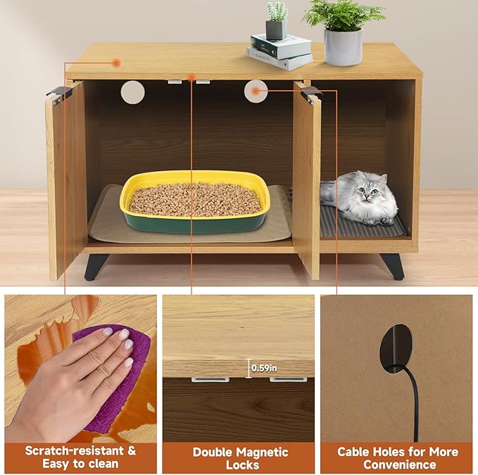 Cat Litter Box Enclosure, Modern Cat Litter Box Furniture Hidden, with Scratching Pad, 4 Metal Legs, Cat House, Natural Oak