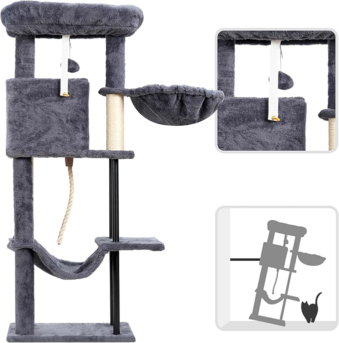 Cat Tree, Cat Tower for Indoor Cats, 43.3 inch Cat Tree Tower with Sturdy Steel Tube, Hammock, Cat Condo for Small Cats and Kittens, Scratching Post, Smoky Gray GCT004SG