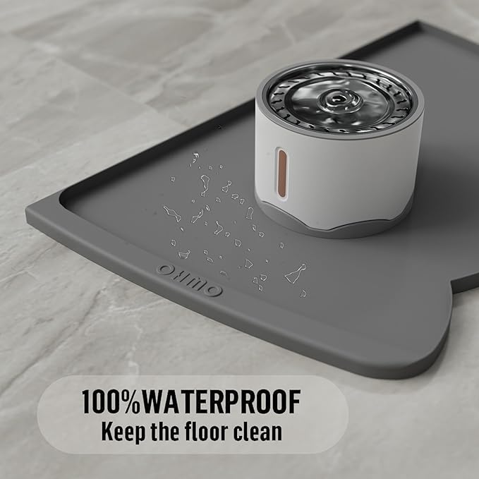 OHMO Dog Food Mat(Dark Grey, 24 * 15'') w/Residue Collection Pocket Silicone Pet Feeding Mat for Floor High Edges Anti Spills Waterproof Cat Water Bowl Tray, Easy Clean Placemat