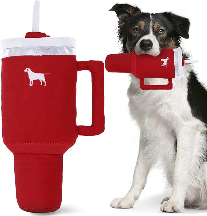 Pup Cup Tumbler Dog Toy – Birthday Dog Toy, Funny Squeaky Plush Puppy Gift, Cute Birthday Present (Ruby Red)