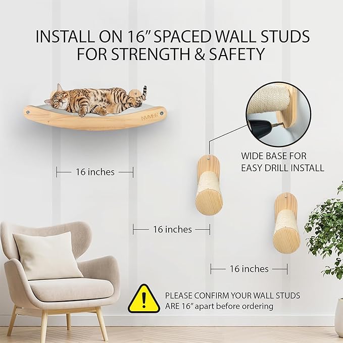 NVMBR Cat Shelves Hammock Lounge with Sisal Stairs Set, 16 inch Stud Design, Easy Install Mounts, Holds up to 33 lbs Climber Indoor Perches for Walls, Furniture and Beds