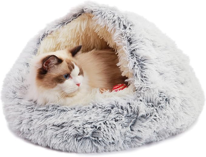 Deblue Soft Cat Cave Beds for Indoor Cats, Round Warm Cat Beds with Hooded Cover, Waterproof Bottom Long Plush Covered Sleeping Cozy Pet Bed for Puppies and Cats (Large)