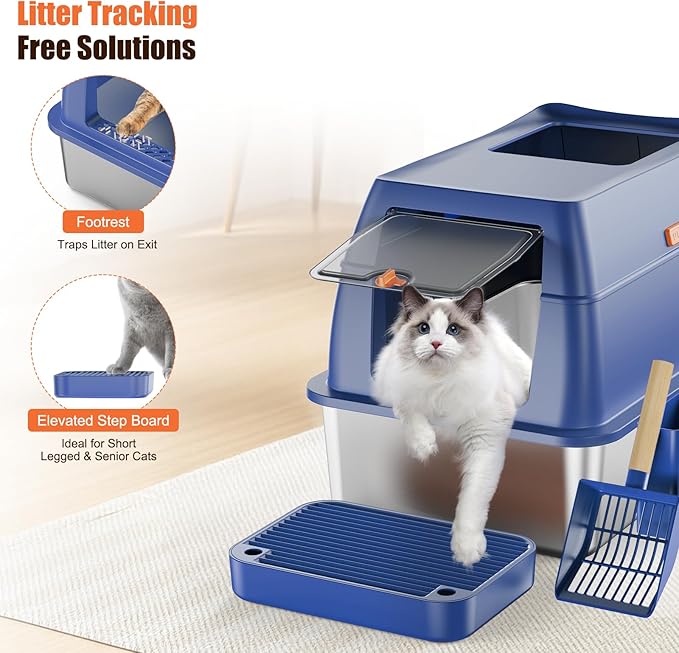 Stainless Steel Cat Litter Box with Lid Extra Large Open-Top Dual Entry Enclosed Metal Pan Tray with High Sides Pedal Scoop Non-Stick Anti-Leakage Easy Cleaning for Big Multi-Cat (Blue)