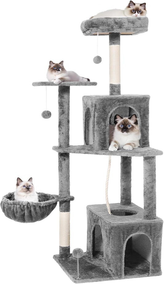 Cat Tree, 54-Inch Cat Tower for Indoor Cats,Plush Multi-Level Cat Condo with Scratching Posts, Basket, Perches,2 Caves,2 Pompoms(Gray)