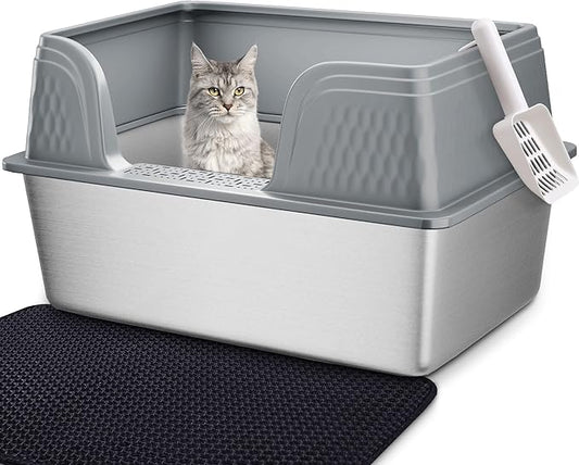 Vealind XXL Stainless Steel Cat Litter Box High Sided with Lid 23.7" L x 16" W x 14" H Anti Leakage Extra Large Metal Cat Litter Tray with Scoop and Mat for Big Cats (Grey)