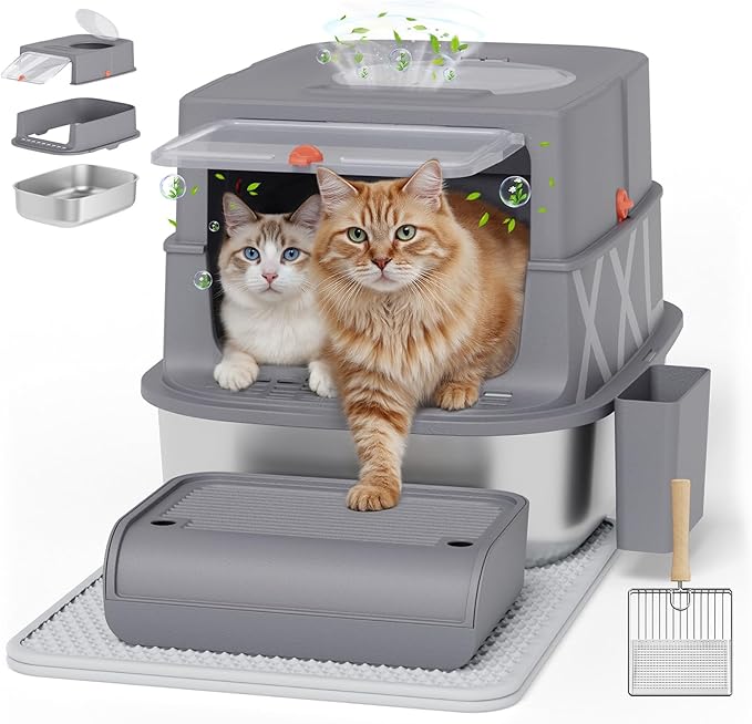 XXL Stainless Steel Covered Cat Litter Box with Lid – Extra Large Enclosed Metal Litter Box for Big Cats, Leak-Proof, Odor Control, Top Exit, Scoop, Pedal & Non-Slip Mat, Easy to Clean