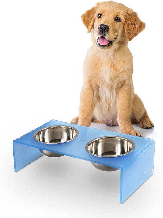 THE LICKER STORE DBL2000C Keaton 5" Small/Medium Modern Acrylic Rectangular Elevated Pet Feeder with 20oz 2-Stainless Steel Bowls, Blue/Chrome