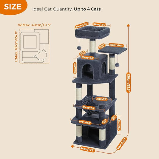 PAWZ Road Cat Tree, 53.5 Inches Tall Cat Tower with Spacious Hammocks, Condos and Scratching Posts, Cat House with Dual Padded Perches for Indoor Large Cats-Dark Gray