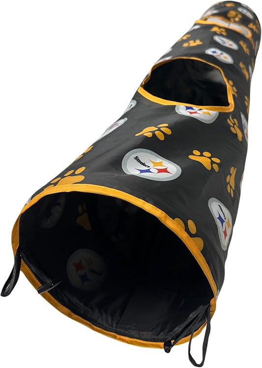 NFL Pittsburgh Steelers Cat Tunnel Tube Toy with Plush Football Catnip and Feathers Collapsible Tunnel for Cats to Play, Peek and Hide, Sporty & Fun Cat Tunnel Toy with Team Logo All-Over Design!