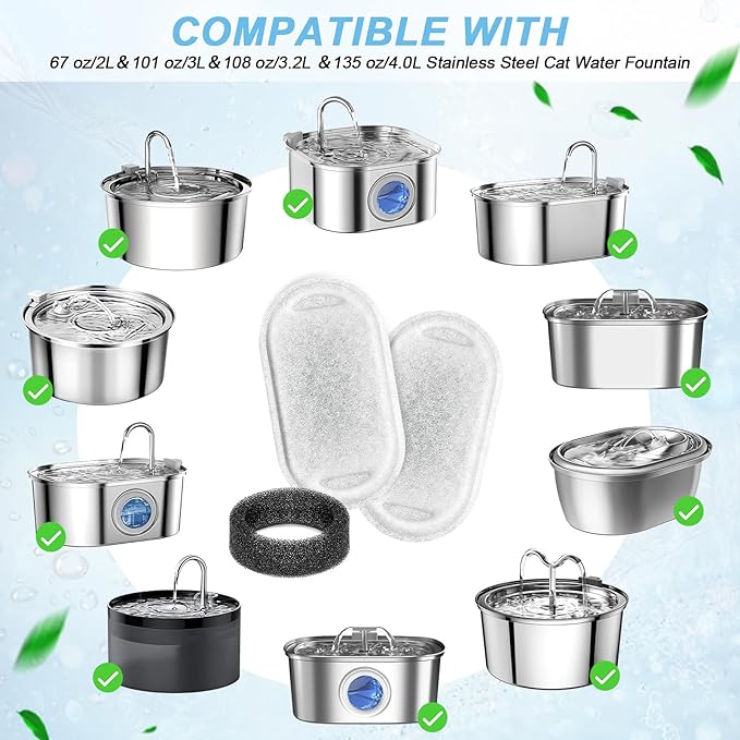 Cat Water Fountain Filter Replacement, 12 Pcs Cat Filters Pet Water Fountain Filter with 12 Pcs Sponges Foam for 67oz/2L & 108oz/3.2L Stainless Steel Automatic Cats Water Fountain Dispenser Filters
