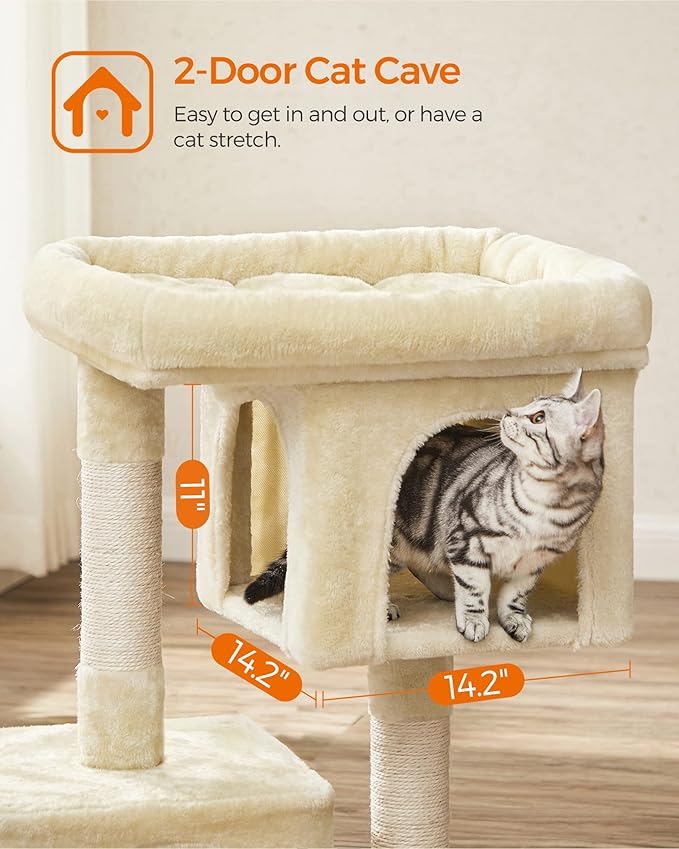 Feandrea Cat Tree, 33.1-Inch Cat Tower, L, Cat Condo for Large Cats up to 16 lb, Large Cat Perch, 2 Cat Caves, Scratching Post, Beige UPCT61M