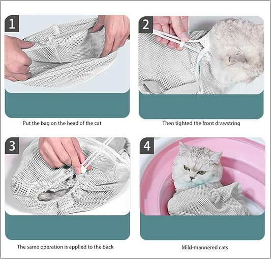 Anti-Scratch Silicone cat Shoes,Cat Claw Covers,Adjustable Multifunctional Anti-Bite Shower net Bag，Cat Grooming Mesh Bag,Cat Bathing Bag(Grey-2)