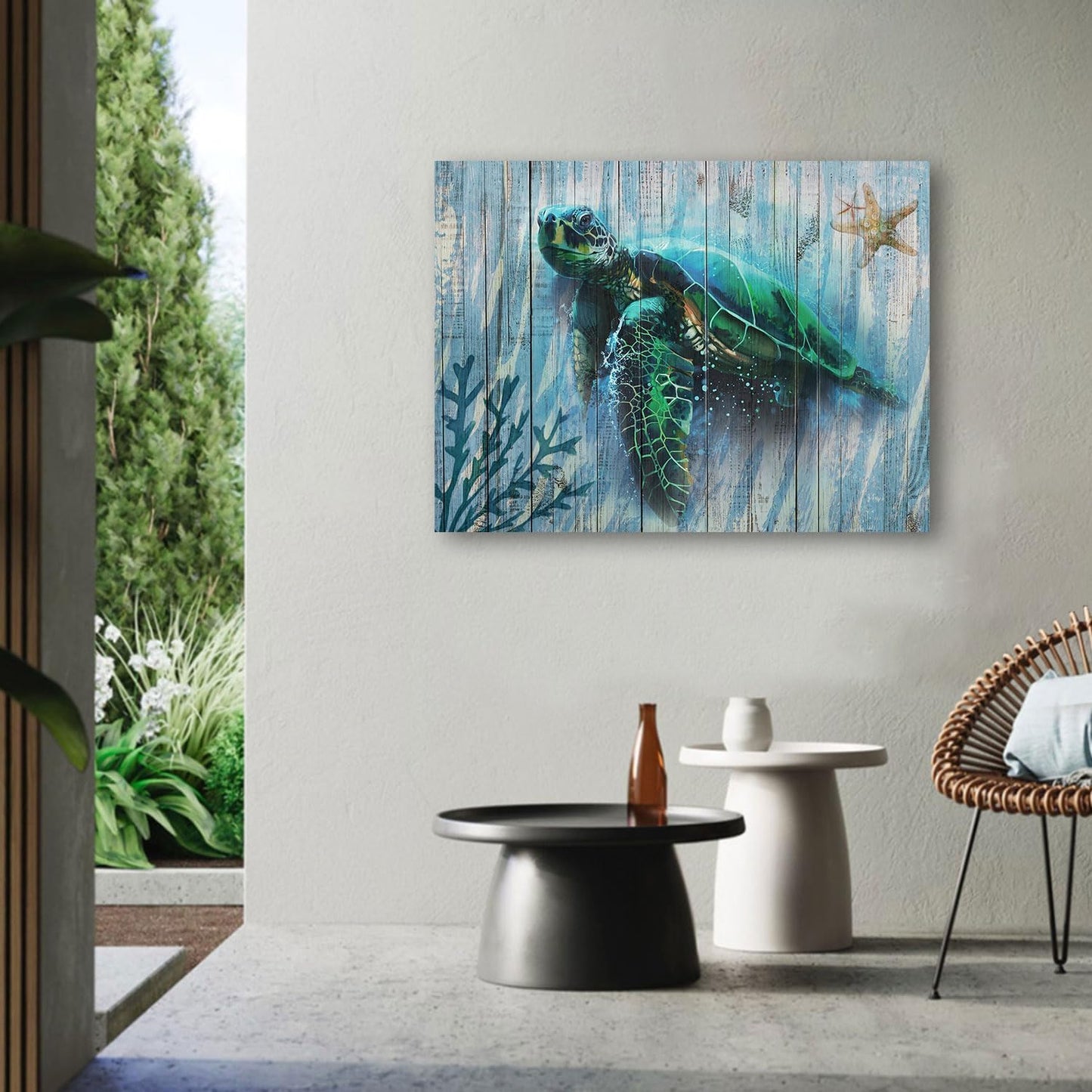 Arjun Bathroom Decor Blue Wall Art Canvas Green Sea Turtle Teal Submarine Picture, Blue Modern Landscape Painting Framed for Living Room Bedroom Home Office Wall Decor, 16"x12"