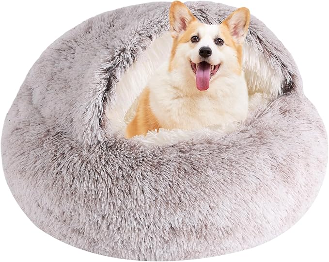 Coffee Round Hooded Cat & Dog Bed - Faux Fur Cuddler Cave, Self-Warming Donut Bed, Fits up to 22 lbs Pets (24x24 inch)