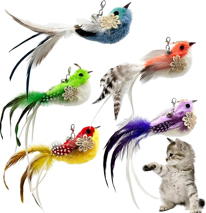 Cat Feather Toys Refill, 5 Pieces Cat Wand Attachments Feathers Bird Toy for Indoor Cats