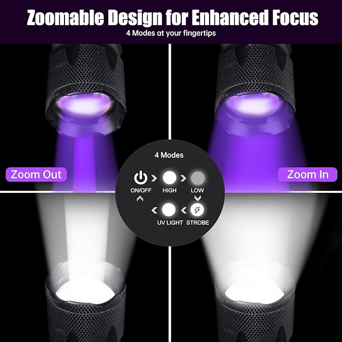 2-in-1 Black Light & White LED Flashlight, 395 nM UV Flashlight with Clip, 500Lm White LED Zoomable Tactical Flashlight, 4 Modes, IP55, UV Black Light for Pet Urine Detection, Resin Curing & Scorpions