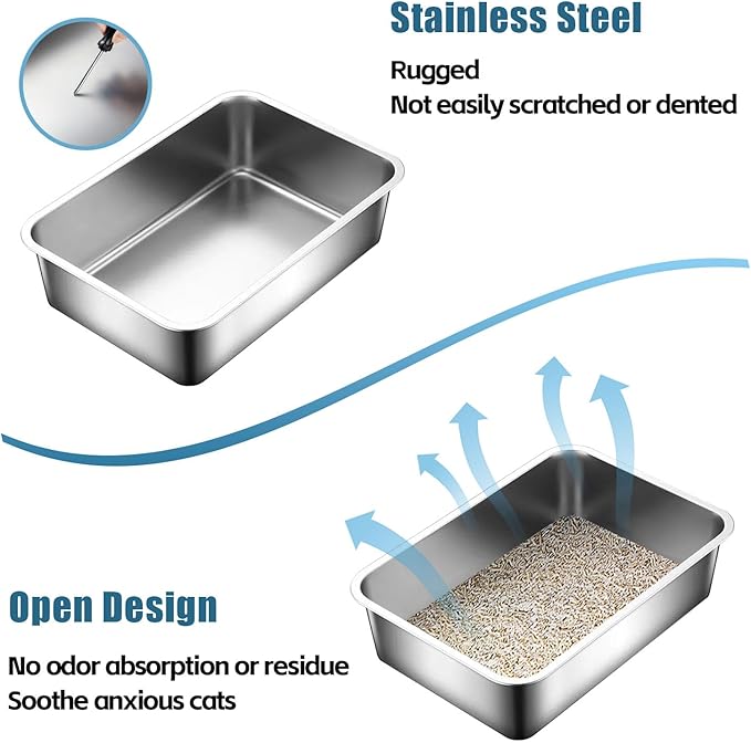 Stainless Steel Cat Litter Box - Medium to Large Indoor Metal Litter Pan Tray, High Sided, Easy to Clean No Stick Rustproof Odorless Pet Toilet for Cats Kitty Rabbit (Silver, 17.7" x13.8" x6")