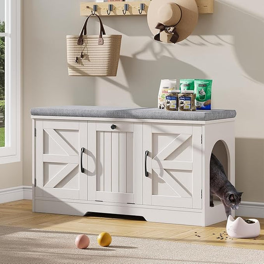 Vabches Cat Box Litter Enclosure with Cushion, Flip Top Cat Litter Box Furniture with Storage, Farmhouse Indoor Cat House with 3 Doors, Pet Washroom Hidden Litter Box, White