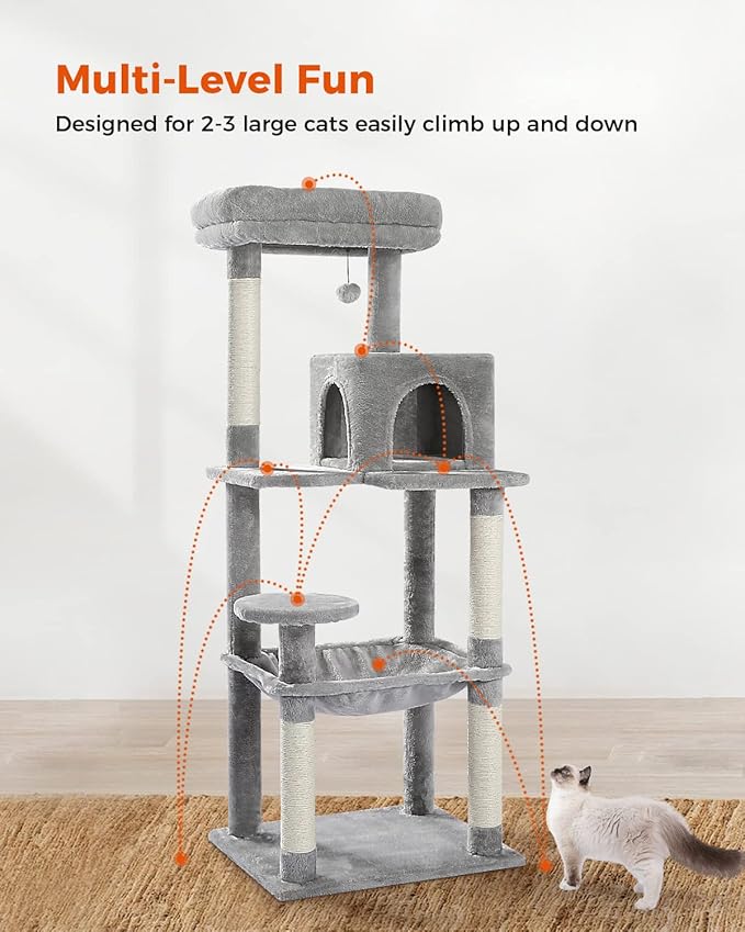 Cat Tree for Large Cats Adult with Metal Plush Big Hammock, 56.3" Cat Tower with 2 Door Condo House, 6-Tier Cat Shelves with Scratching Posts and Large Top Perch, Gray