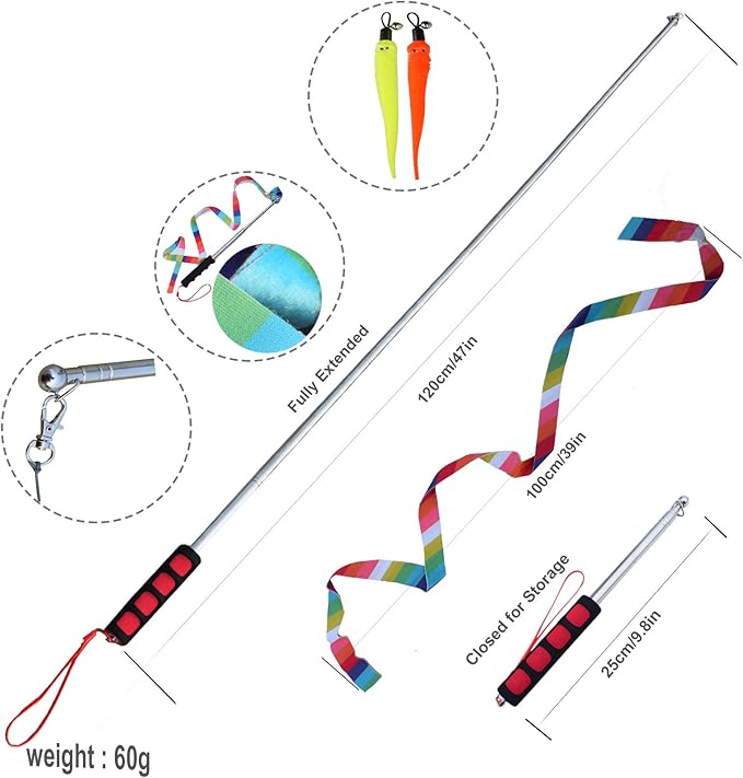 Bluemary 2 Cat Wand Toys & 4 Rainbow Feather String Toys - Engaging Interactive Play for Indoor Kittens and Cats - Ideal for Fun Exercise