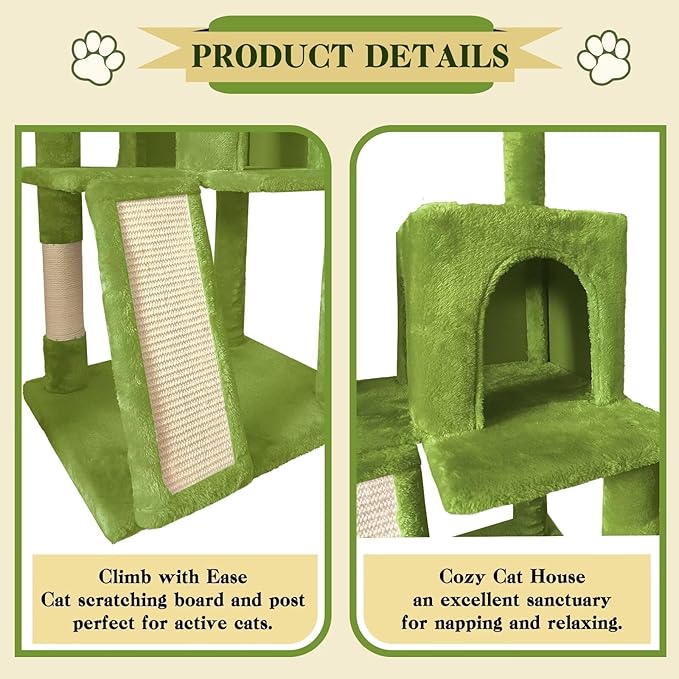 53" Cat Tree Tower for Indoor Cats, Multi-Level Cat Tower Condo with Sisal Scratching Post (Green)
