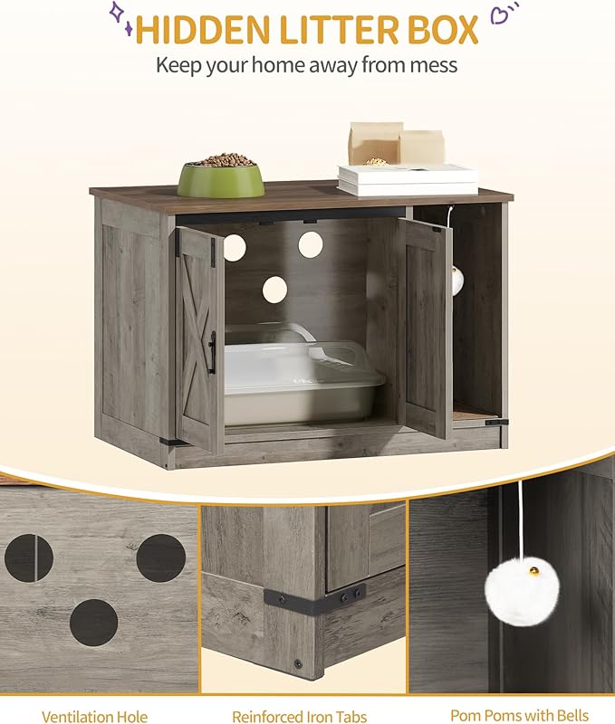 Cat Litter Box Enclosure, Hidden Litter Box Cabinet Furniture with Bell, Indoor Cat House, Farmhouse Style, 31.5 x 19.7 x 20.9Inches, for Hallway, Bedroom, Light Ivory and Brown CB82405X