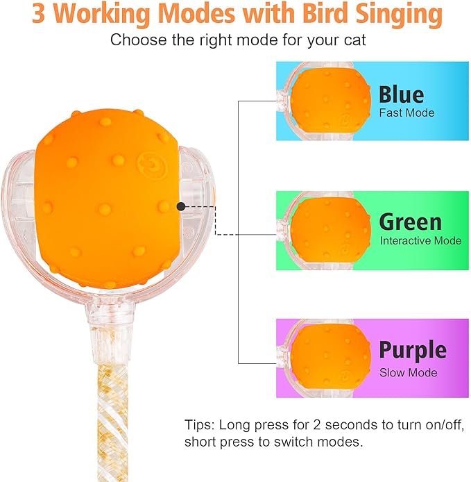 Interactive Cat Toys Ball for Indoor Cats, Automatic Agile Rolling Cat Ball with Elastic Mesh Tail, Bird Chirping & Motion Activated, 2 Tail Accessories, Kitten Toy for Bored (Orange)