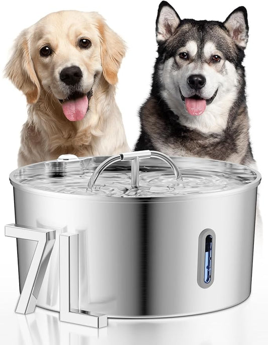 Dog Water Fountain for Large Dogs, 7L/236oz/1.8G Stainless Steel Dog Fountain, Large Automatic Pet Drinking Bowl Dispenser with Quiet Pump, Multiple Filtration, Dual-Stream for Cats and Dogs Indoor
