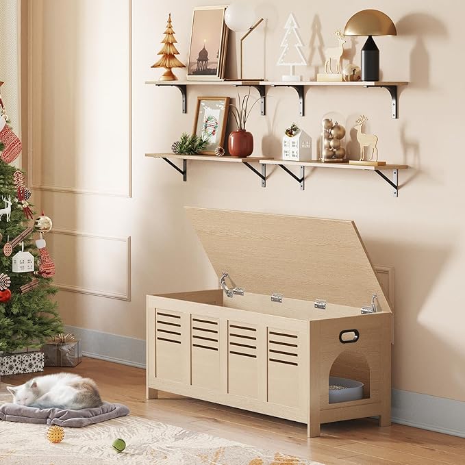 DINZI LVJ Litter Box Enclosure Furniture for 2 Cats, Flip Top Opening Hidden Litter Box with Double Rooms, Dual Pet House with Good Ventilation, 47.2" Wooden Cat Washroom, Easy Assembly, Natural