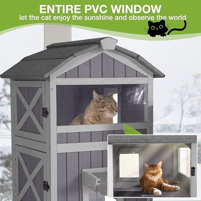 Insulated Outdoor Cat House with Escape Door 2-Story Weatherproof Kitty Shelter with Insulated Liner Large Feral Cat Shelter with Window