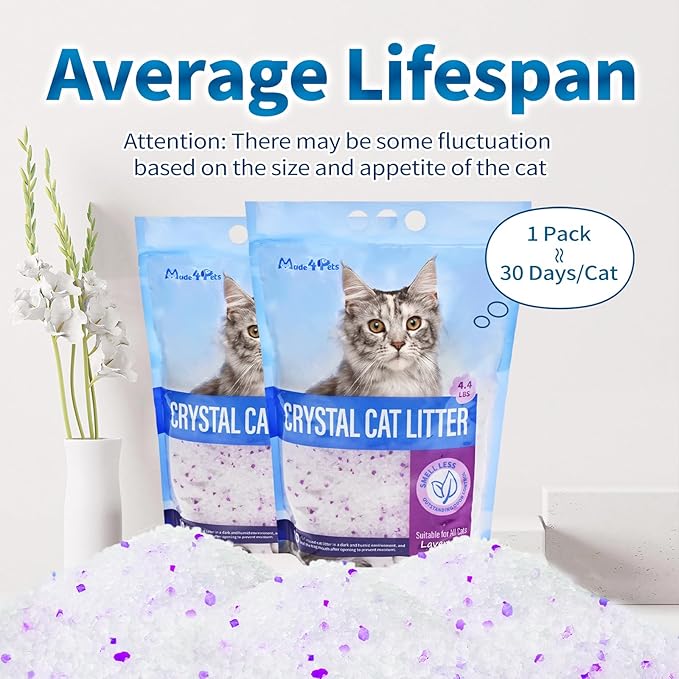 Made4Pets Cat Litter Crystals, Non Clumping Cat Litter Odor Control Kitty Litter Non Clumping No scooping Low Dust, Low Tracking, Lightweight, Dehydrates Waste, Lavender – 8.6 lbs (2 x 4.3 lb Packs)