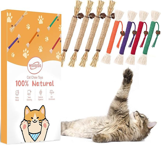 8 Pack Catnip Chew Toys for Cats,Cotton Sisal Rope Toys,Cat Natural Silvervine Sticks,for Cat Teeth Cleaning and Dental Care,Interactive Toy for Bored Indoor Cats