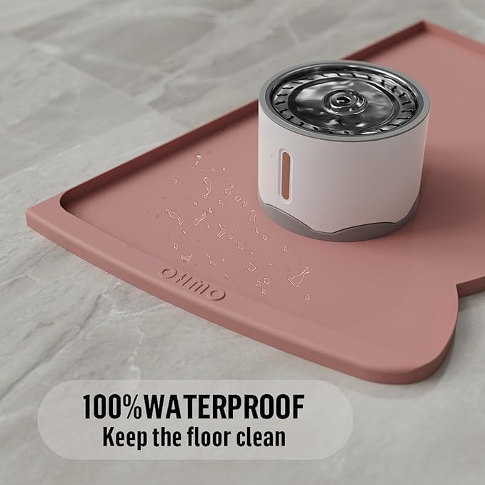 OHMO Dog Food Mat(Rose, 24 * 15'') w/Residue Collection Pocket Silicone Pet Feeding Mat for Floor High Edges Anti Spills Waterproof Cat Water Bowl Tray, Easy Clean Placemat