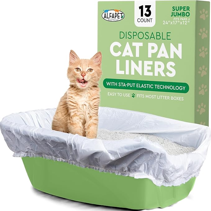 Alfapet Elastic Cat Litter Box Liners - Super Jumbo 13 Count - Tear-Resistant Cat Litter Bags, Waterproof Kitty Litter Liners - Fits Litterbox Pan Sizes X-Giant, Jumbo 42" x 20" x 2 MIL 30 lb Capacity