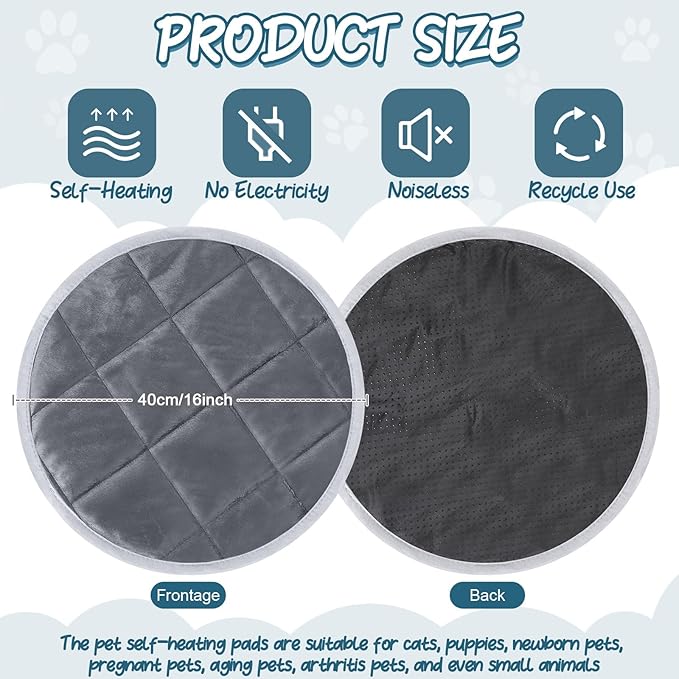 2 Pcs Cat Heating Pad Round 16 Inch Self Heating Cat Mat Washable Heated Bed Anti Slip Warming Pad Pet Bed Mat for Kennel Dog Crate Indoor Outdoor(Gray,16 Inch)
