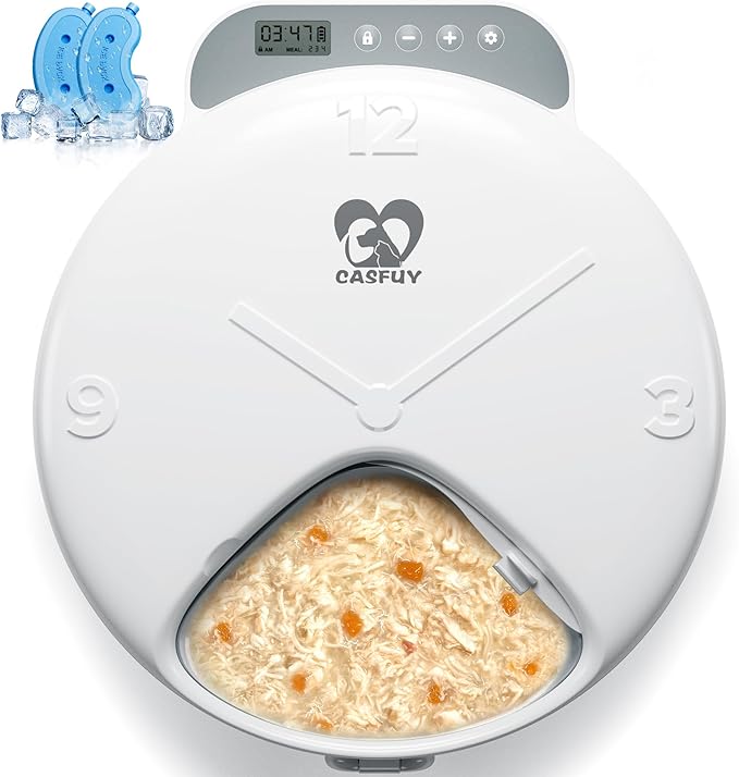 Casfuy Battery-Operated Automatic Cat Feeder - Whisker Friendly Automatic Cat Food Dispenser for Wet Dry Food Cordless 4-Meal Auto Feeder for Cats Small Dogs with Programmable 12H/24H Format Timer