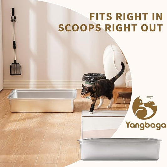 Yangbaga Extra Large Stainless Steel Litter Box, 28’’ x 20’’ x 6’’ Ultimate Metal Cat Litter Box with High Sides, Sturdy Long-Lasting Litter Pan with Anti-Slip Rubber Feet