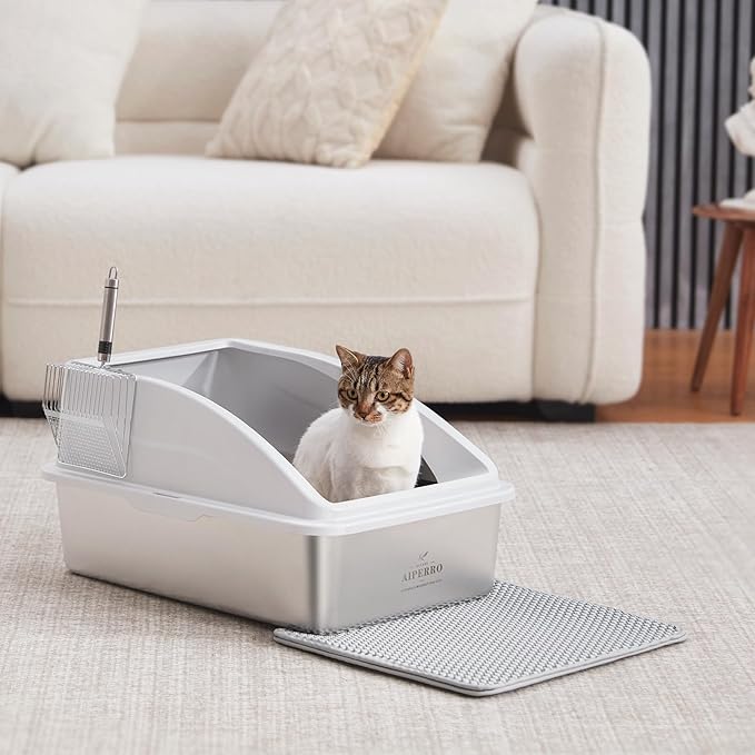 Stainless Steel Litter Box | XL Enclosed Cat Litter Boxs with Lid for Big Cats | High Sided, Anti-Urine Leakage | Non-Stick Bottom & Includes Litter Mat & Metal Scoop