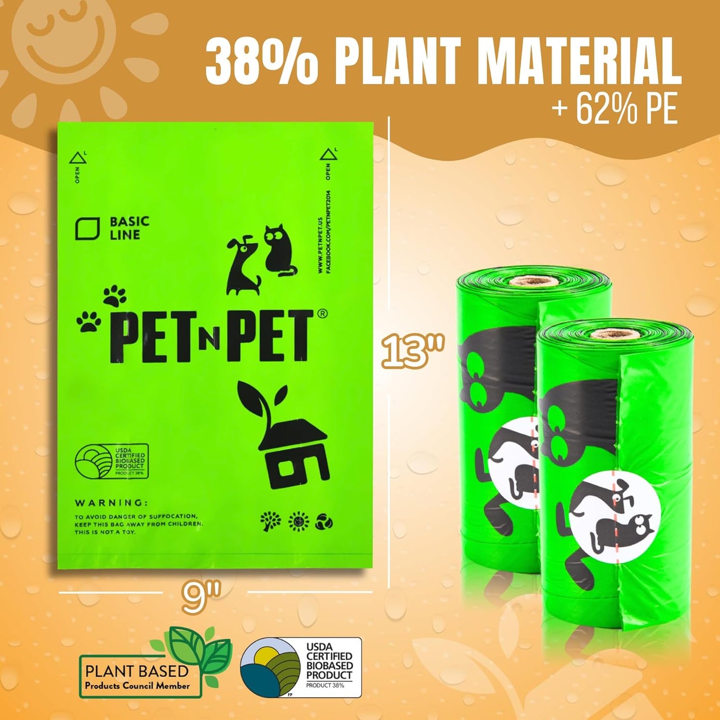 Pet N Pet 270 Counts Green Poop Bags for Dogs, 38% Plant Based & 62% PE Extra Thick Dog Poop Bags Rolls, 9" x 13", Unscented Dog Waste Bag, Pet Supplies for Dogs