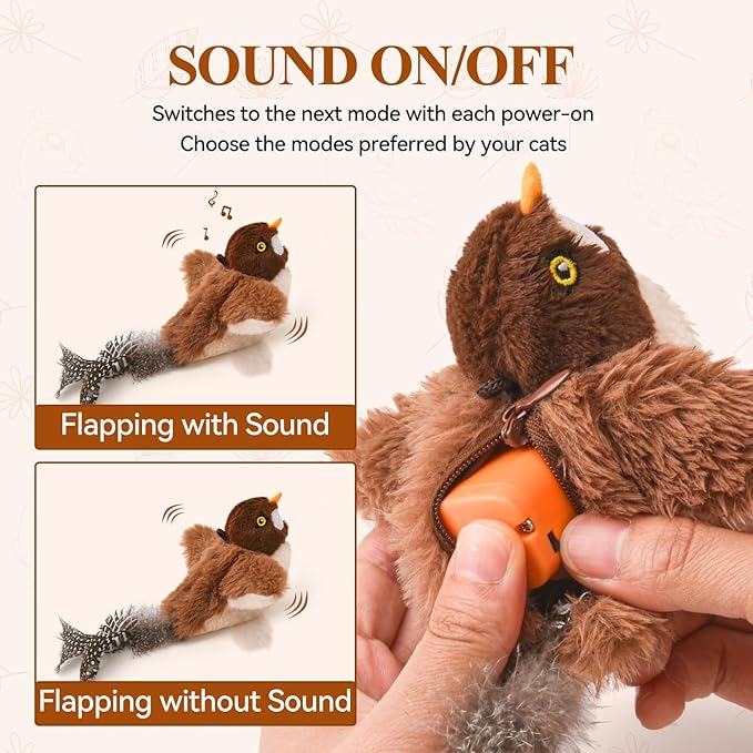Small Flappy Bird Cat Toy, Interactive Flapping Wings（No Flying） and Chirping Bird Cat Toy, Simulated Sparrow Catnip Toy for Indoor Cats and Kittens, Rechargeable, 5.51×4.72×1.97 Inches