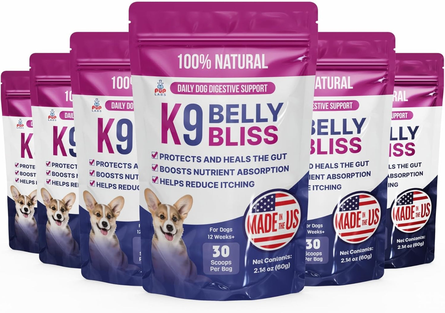 K9 Belly Bliss, All-Natural Gut Health for Dogs, Vet Approved Prebiotic for Dogs for Daily Digestive Support & Dog Constipation Relief, Topper for Dry & Wet Food, 6 Pack with 30 Scoops Each.