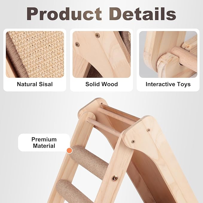 Sisal Cat Scratcher Board,Triangular Cat Scratch Ramp with Climbing Ladder,Wooden Scratching Board with 2 pcs Sisal Pad for Kittens and Small Animals Indoor Use