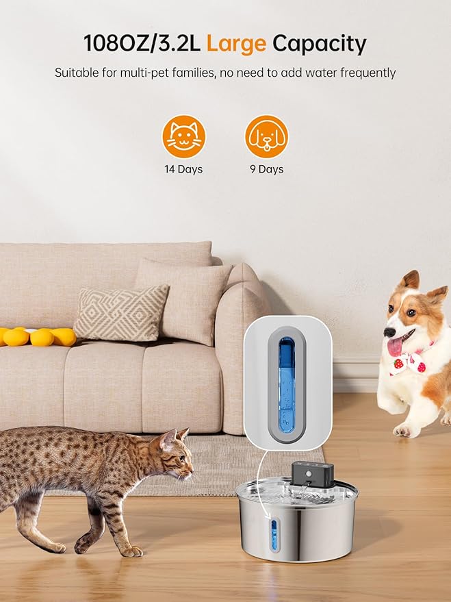 Wireless Cat Water Fountain, Stainless Steel Cordless Cat Fountain, 108OZ/3.2L Automatic Pet Water Fountain, 4000mAh Battery Operated Water Dispenser with Motion Sensor for Cats, Dogs Indoor Drinking