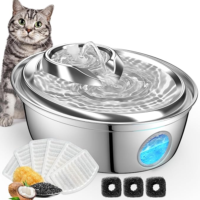 ORSDA Stainless Steel Cat Water Fountain, Automatic Pet Drinking Fountain, 67oz/2L Dog Pet Water Dispenser with Visual Water Level Window for Cats and Small Dogs- 9Pcs Filters (D36)