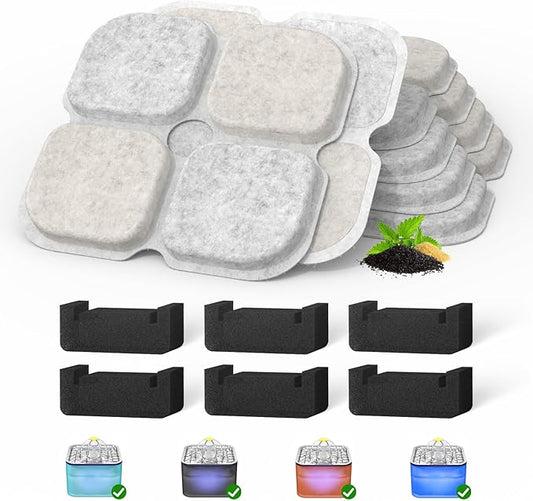 Cat Pet Water Fountain Filters, 6 Pack Replacement Filters Fit for 101oz/3L Crystal Cat Fountain, Triple Filtration System (6 Filters+6 Sponges)
