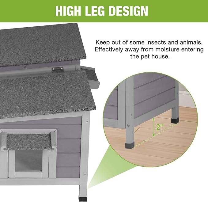 GUTINNEEN Large Outdoor Cat House Insulated, Weatherproof Cat Shelter with Detachable Insulation Liner, Wooden Elevated Kitty Condo for Stray Cats, 39.1" L x 18.5" W x 19.1" H (Grey)