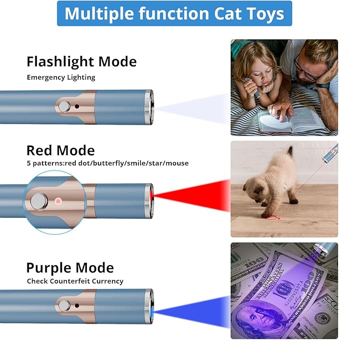 2 Pieces Cat Toy, USB Rechargeable, Long Range 5 Modes, Interactive Kitten Dog Cat Mouse Toy for Indoor (Sky Blue