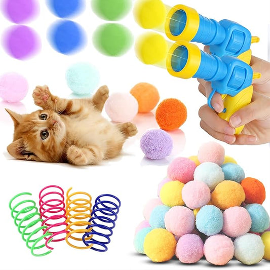 Low Noise Interactive Cat Ball Launcher Gun, 2 Noise-Reduced Launchers (New Upgraded), 100 Pcs Colorful Silent Plush Pom Pom Balls (1.2 inches), with 4 Pcs Cat Spring Toy