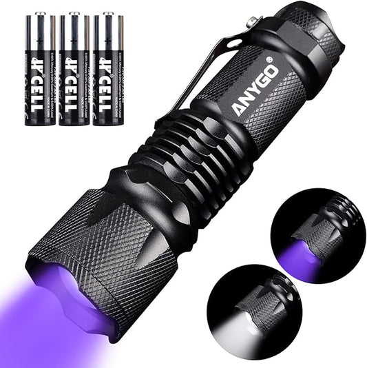 2-in-1 Black Light & White LED Flashlight, 395 nM UV Flashlight with Clip, 500Lm White LED Zoomable Tactical Flashlight, 4 Modes, IP55, UV Black Light for Pet Urine Detection, Resin Curing & Scorpions